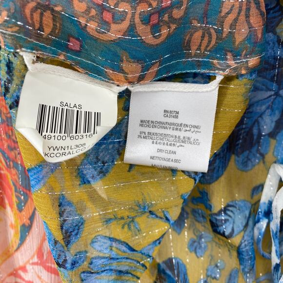 BCBGMAXAZRIA Top S Silk Sheer Floral Metallic Striped Long Sleeve Blue Orange - Picture 8 of 11